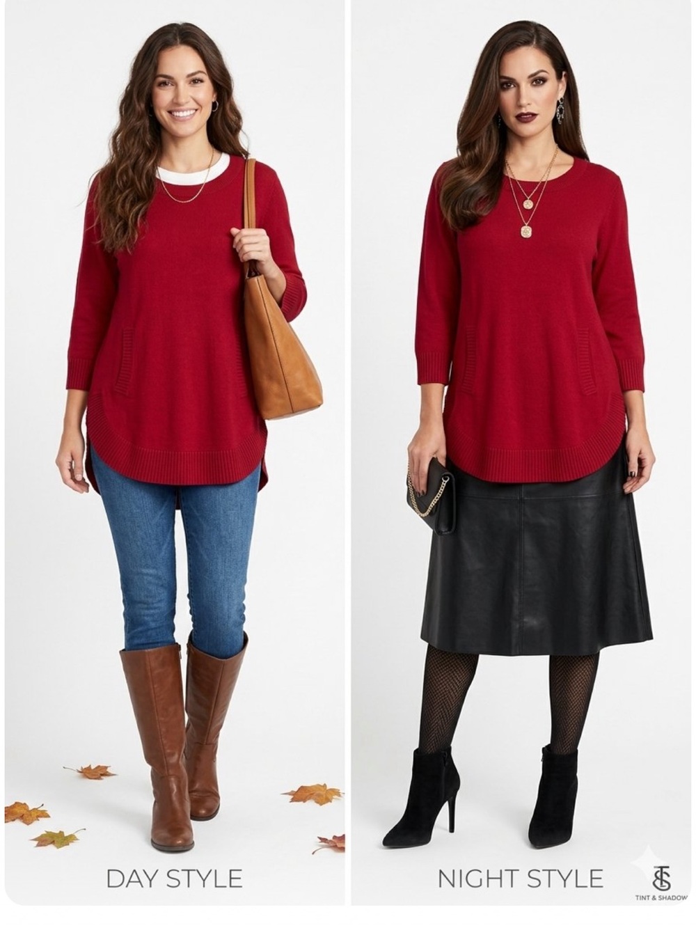 Tint & Shadow Tunic Sweater in Deep Red 3/4 Sleeves